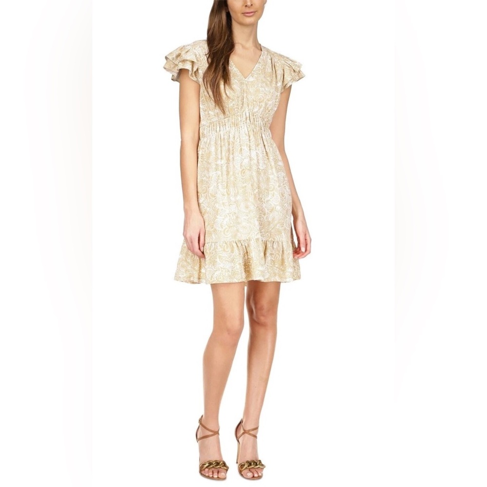 MICHAEL KORS Women's Paisley-Print Flutter-Sleeve Mini Dress khaki Beige Size L